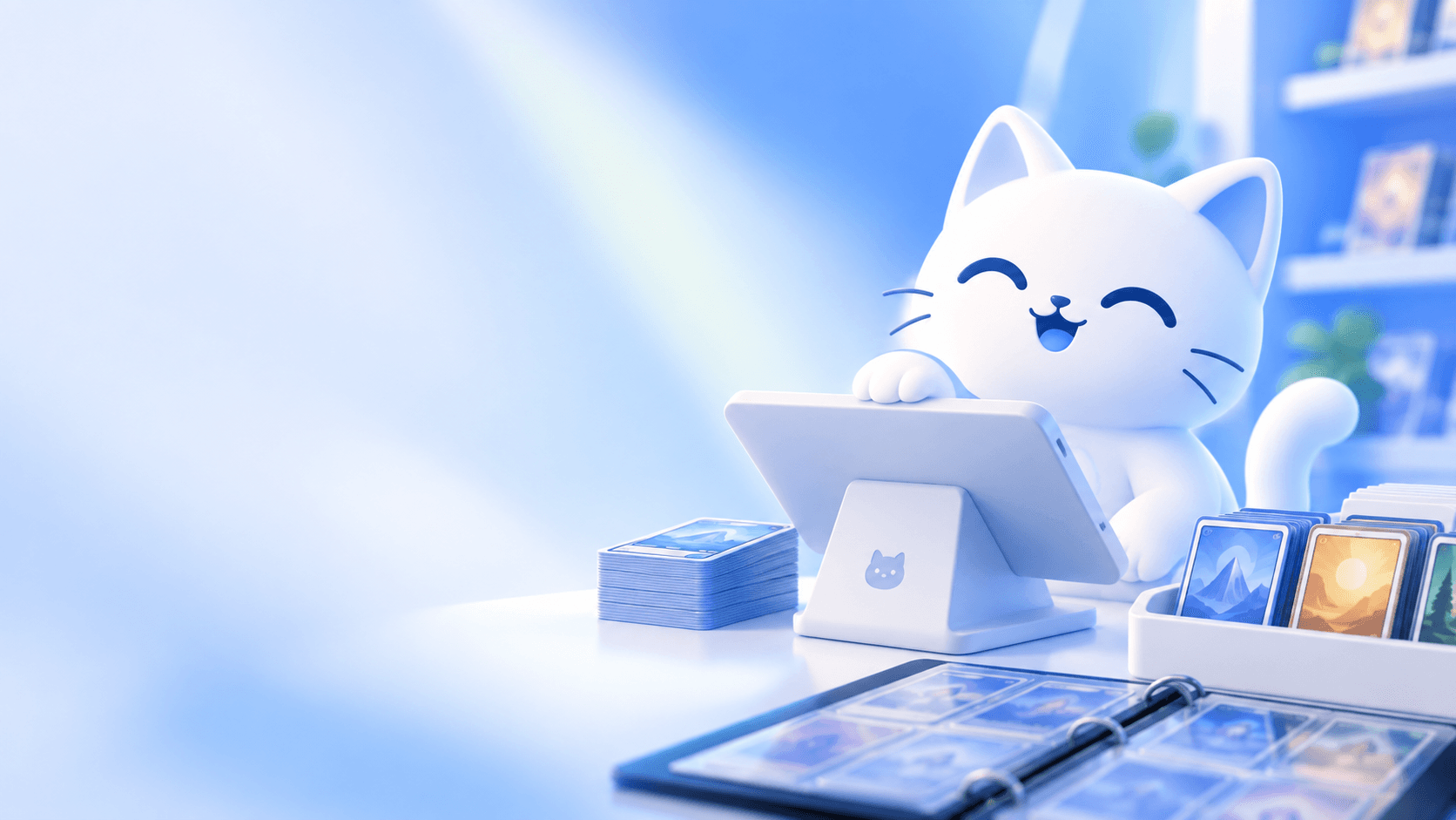 A smiling white cartoon cat at a shop counter, one paw on a tablet kiosk, beside a stack of trading cards, a card box and an open binder.